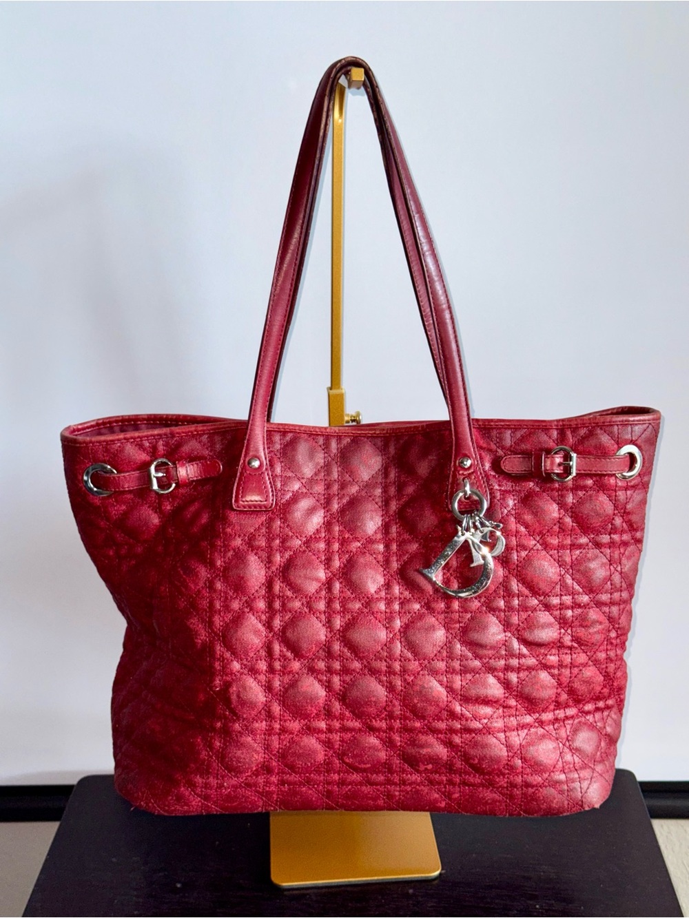 Christian Dior Cannage Quilted Red Leather Tote Bag with Dior Charms Authentic